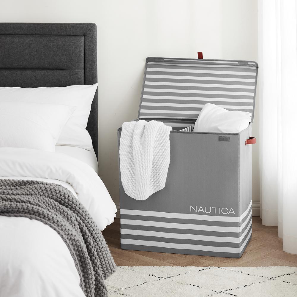 Nautica Foldable Divided Hamper with Lid - Grey Stripe. Picture 2