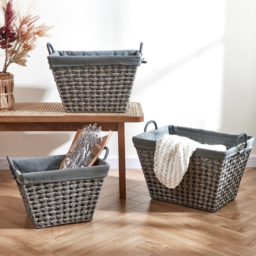Set Of Three Rectangular Faux Wicker Storage Bins In Combo Weave with Cut Out Handles. Picture 5
