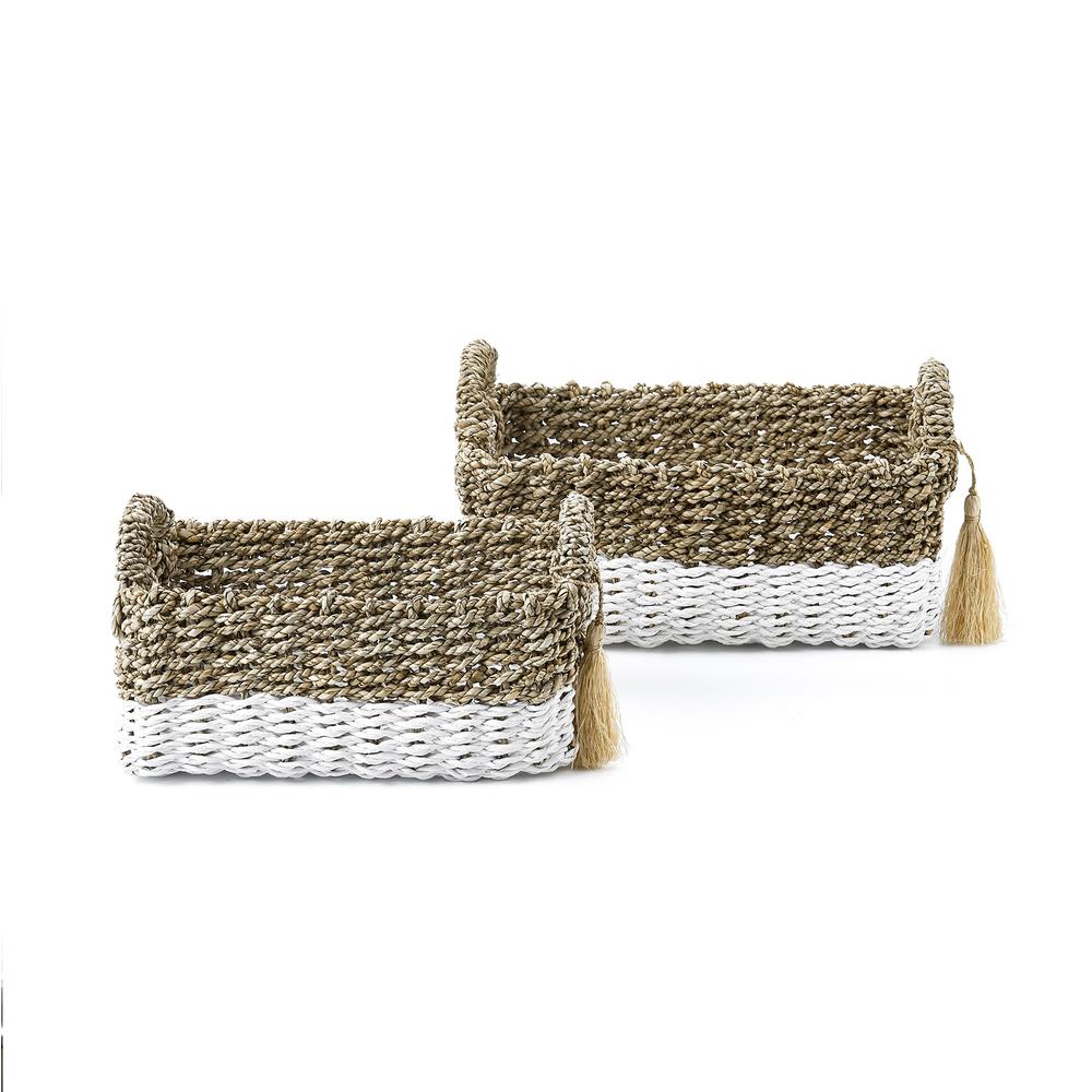 Set Of Two Large Rectangular Seagrass And Raffia Bins With Ear Handles And Single Tassel. Picture 1