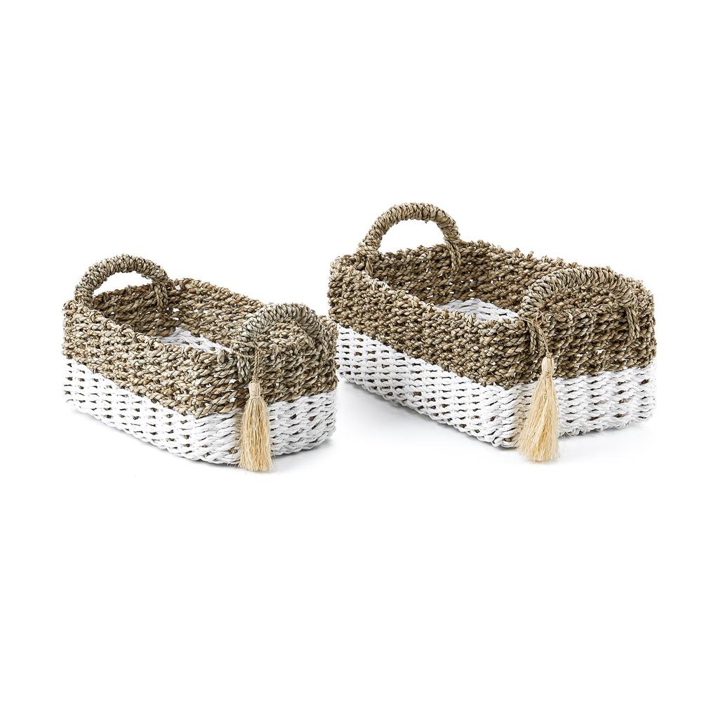 Set Of Two Large Rectangular Seagrass And Raffia Bins With Ear Handles And Single Tassel. Picture 2