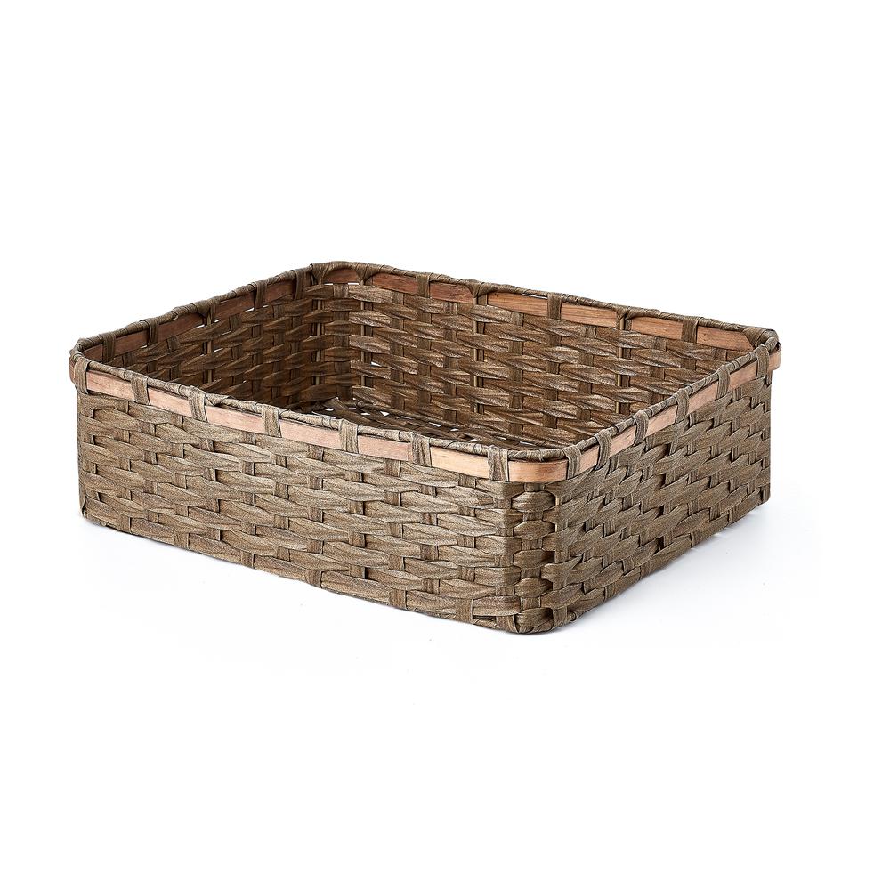 Set of Three Rectangle Faux Wicker Storage Basket with Woodstrip Edge - Tan. Picture 2