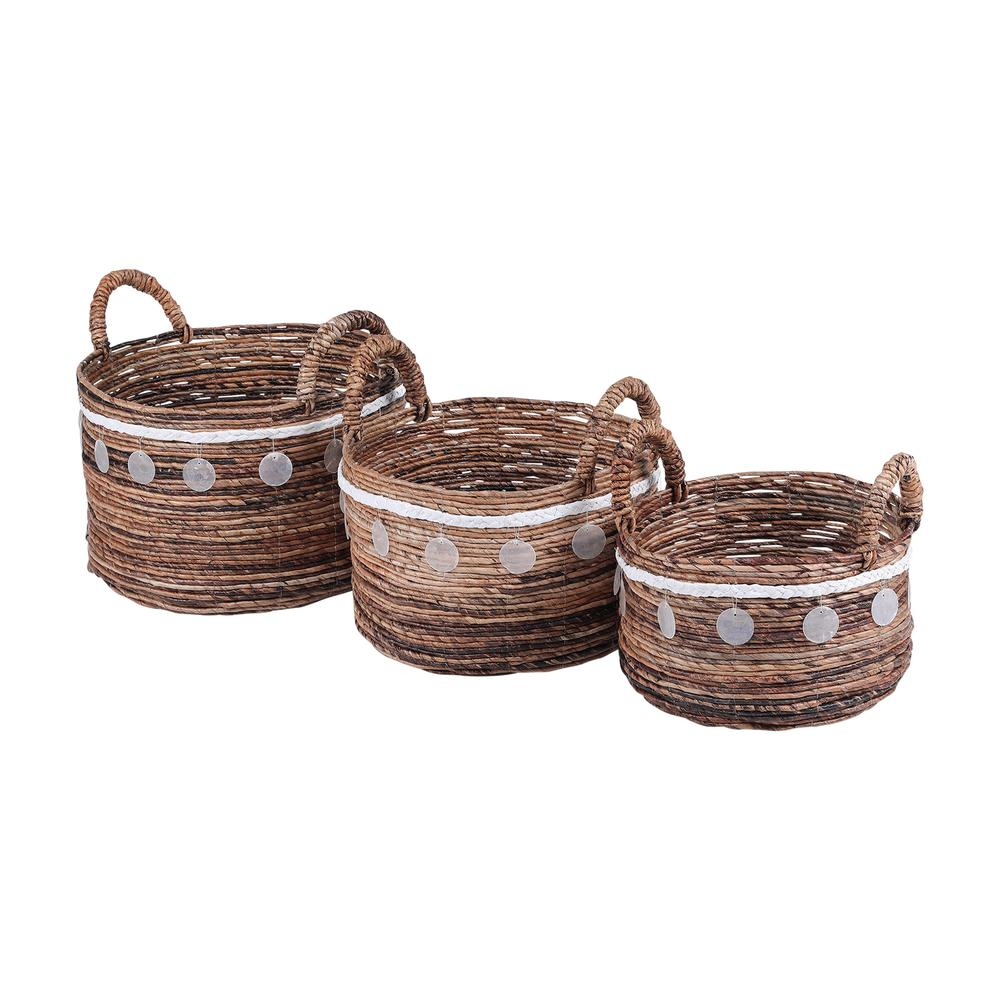 Set Of Three Twisted Dark Banana Storage Bins With Capiz Accents And Ear Handles. Picture 2