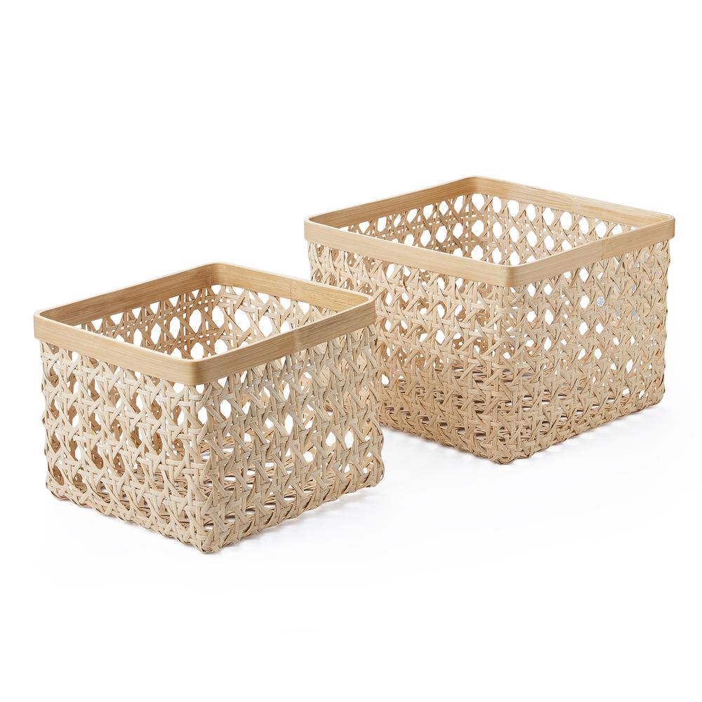 Set Of Two Square Natural Cane With Bamboo Rim. Picture 1