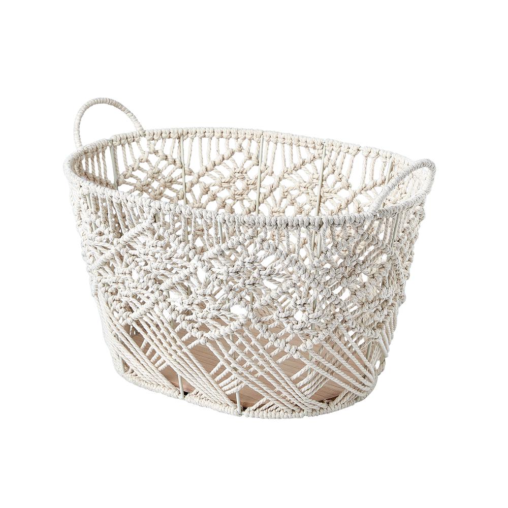 Set of Three Macrame Oval Cotton Rope Storage Bins with Ear Handles And Wood Base - White. Picture 2