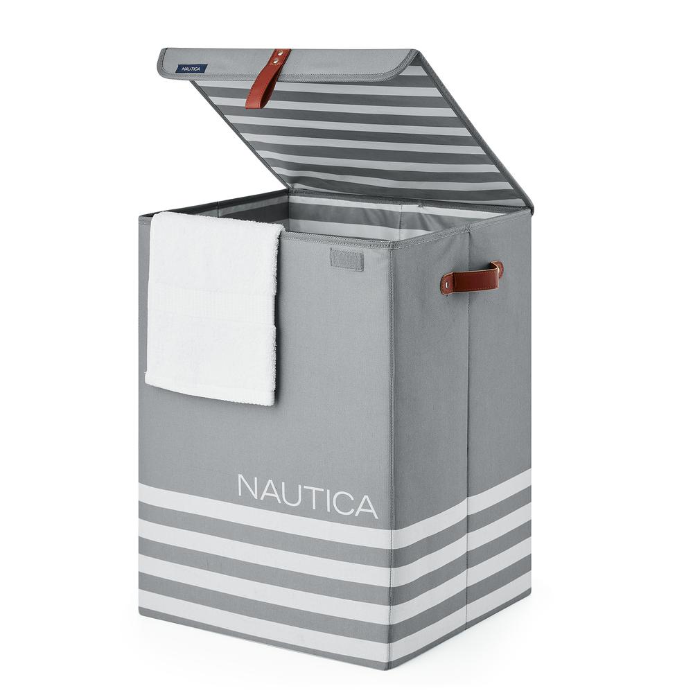 Nautica Foldable Hamper with Lid - Grey Stripe. Picture 1