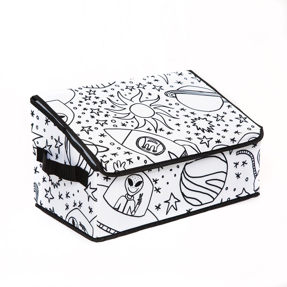 Kid's Coloring Angled Storage Bin with Lid (includes 4 Pack Of Washable Markers) - Space Print. Picture 1