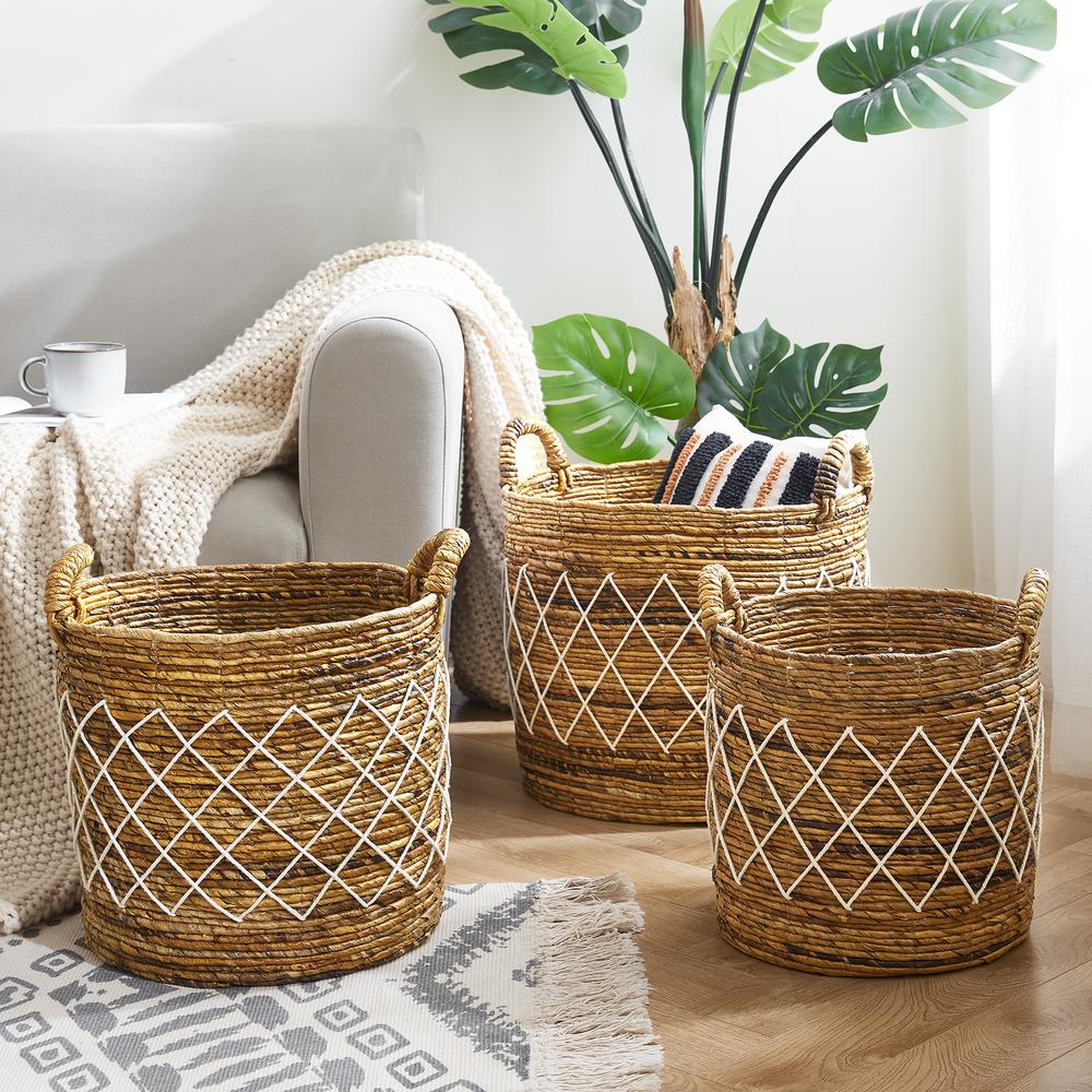 Set Of Three Round Open Banana Baskets With Ear Handles And Outside Pattern Like Image. Picture 5