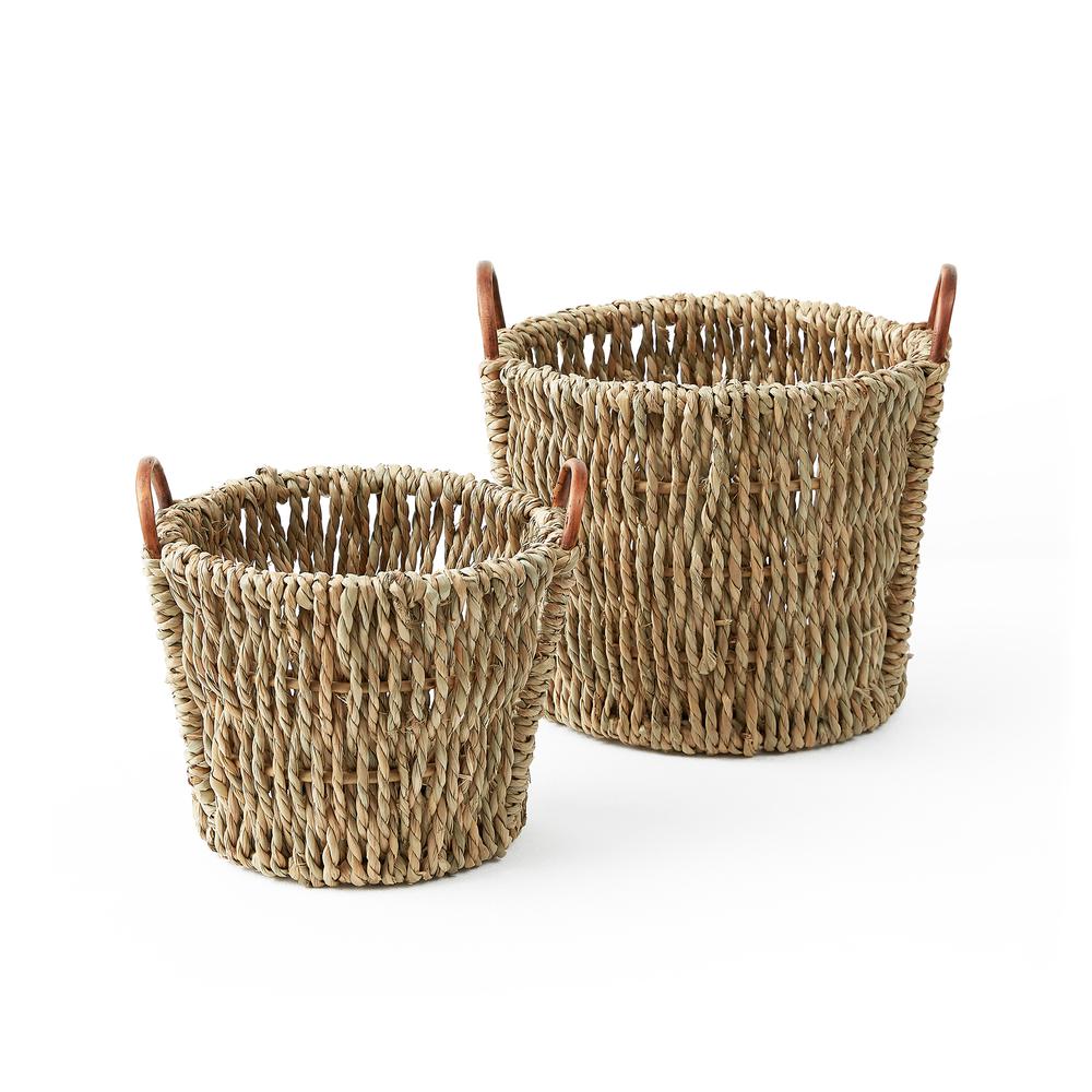 Set Of Two Chunk Seagrass Baskets With Rattan Ear Handles. Picture 1