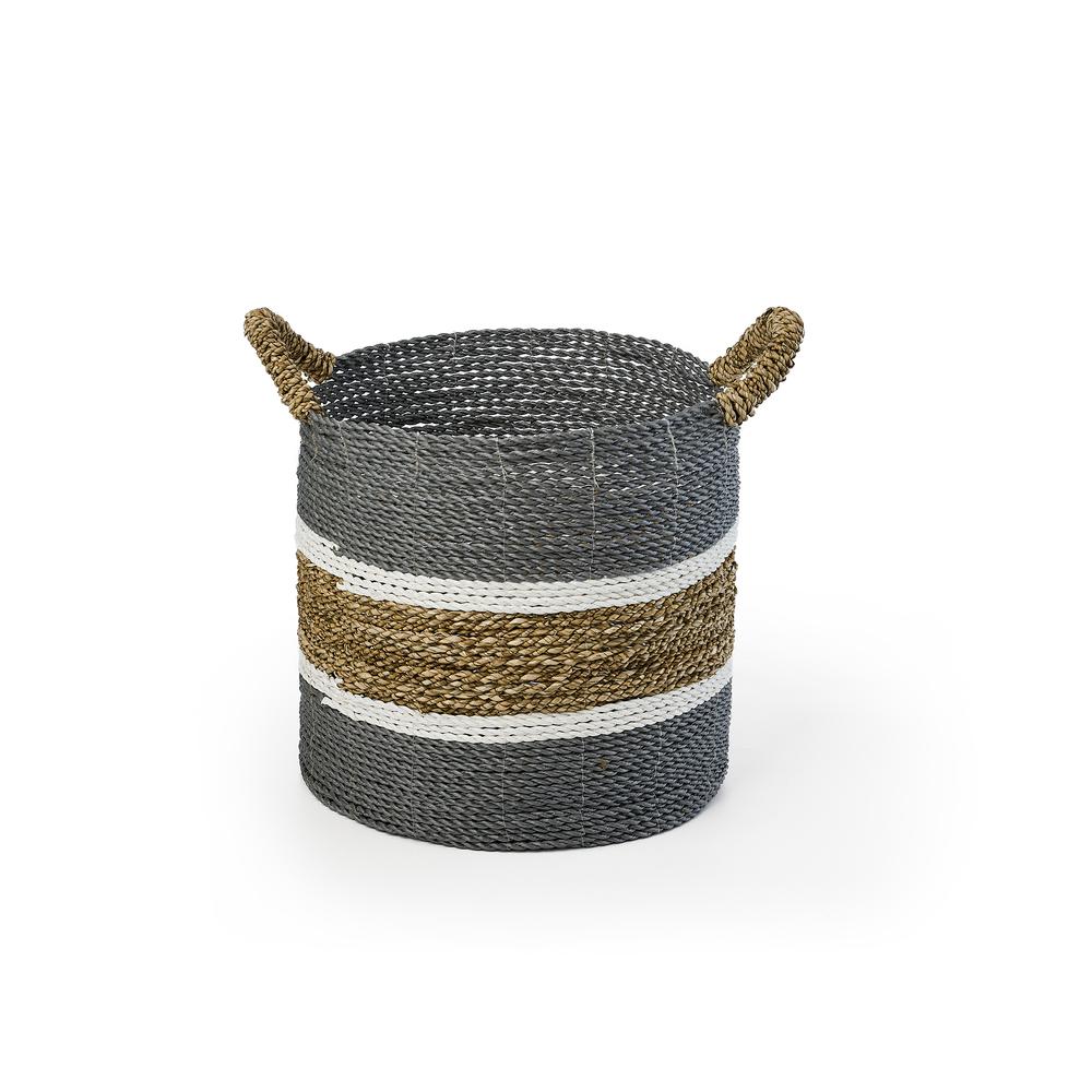 Set Of Three Round Seagrass And Raffia Baskets With Ear Handles. Picture 4