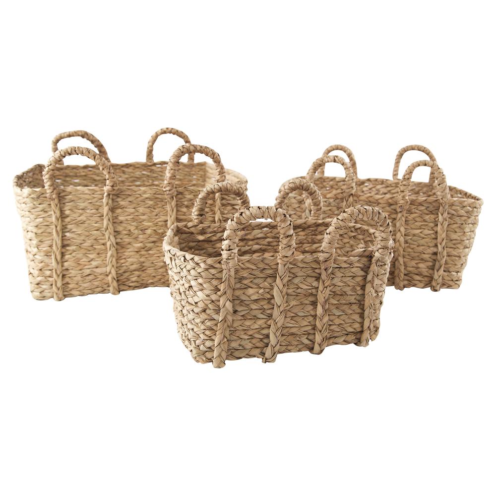 Set of Three Jumbo Rectangular Braided Rush Baskets - Natural. Picture 1