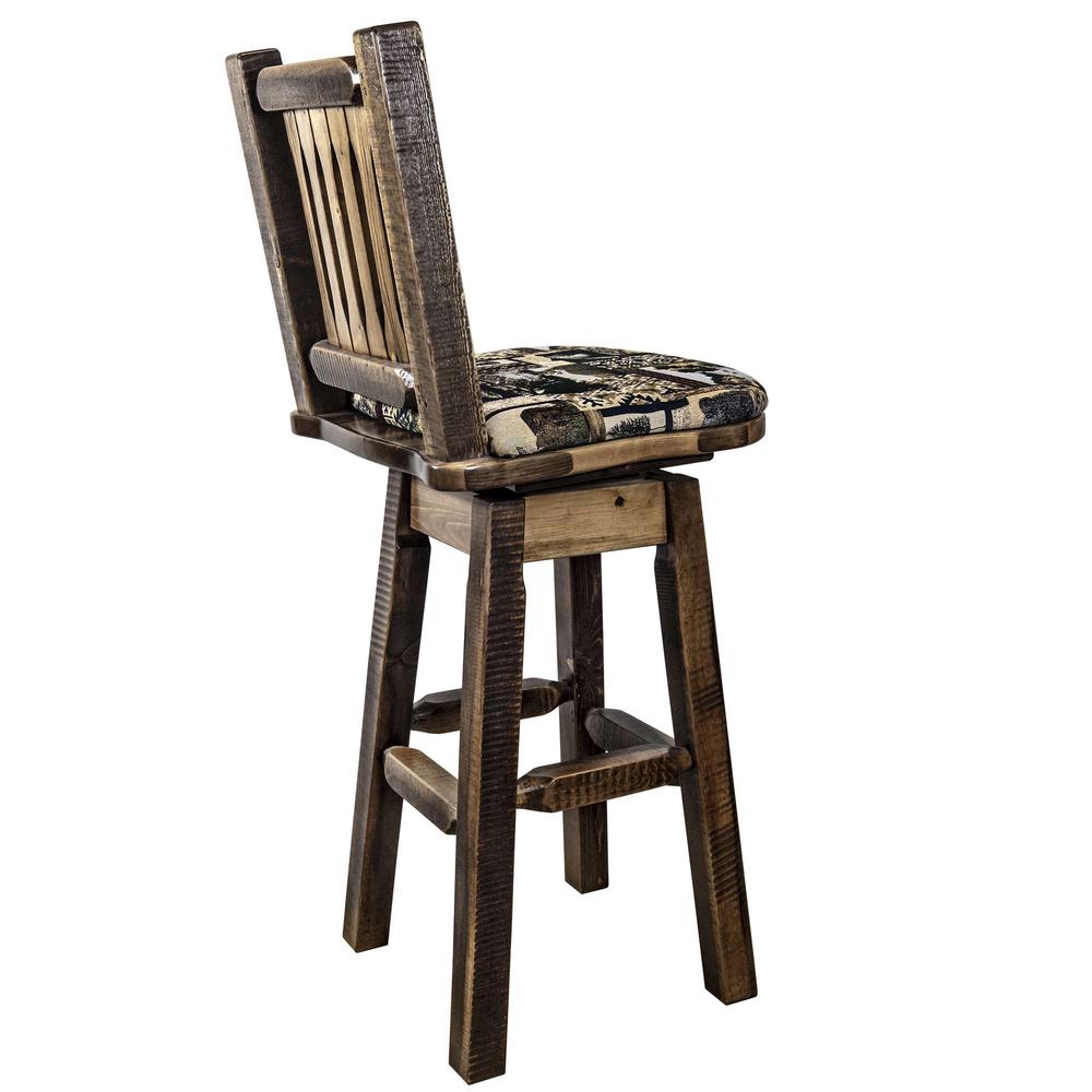 Homestead Collection Barstool w/ Back & Swivel, Stain & Clear Lacquer Finish w/ Upholstered Seat, Woodland Pattern. Picture 4