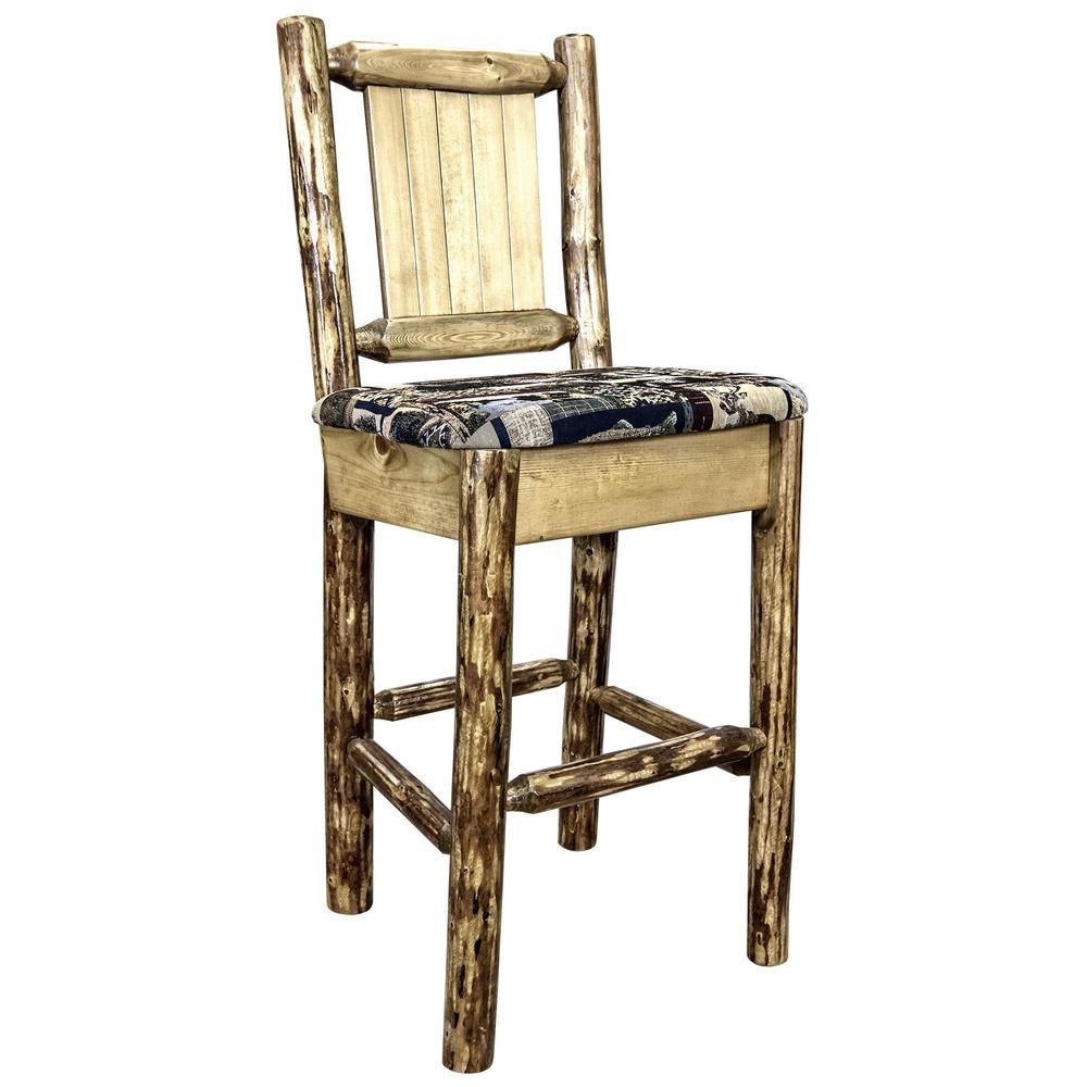 Glacier Country Collection Barstool w/ Back - Woodland Upholstery, w/ Laser Engraved Bronc Design. Picture 3