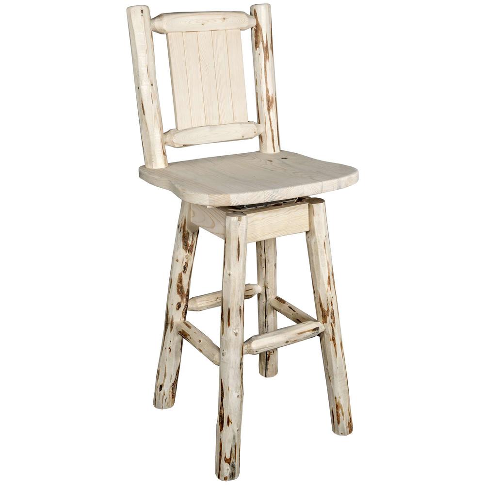 Montana Collection Barstool w/ Back & Swivel w/ Laser Engraved Wolf Design, Clear Lacquer Finish. Picture 3
