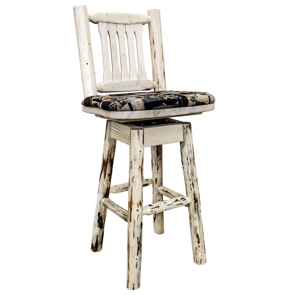 Montana Collection Barstool w/ Back & Swivel, Ready to Finish w/ Upholstered Seat, Woodland Pattern. Picture 1