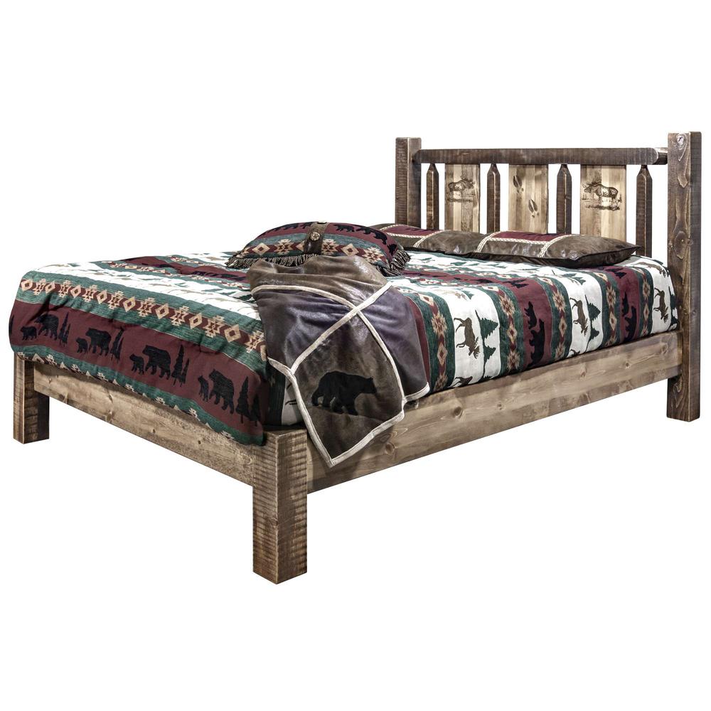 Homestead Collection Twin Platform Bed w/ Laser Engraved Moose Design, Stain & Clear Lacquer Finish. Picture 3