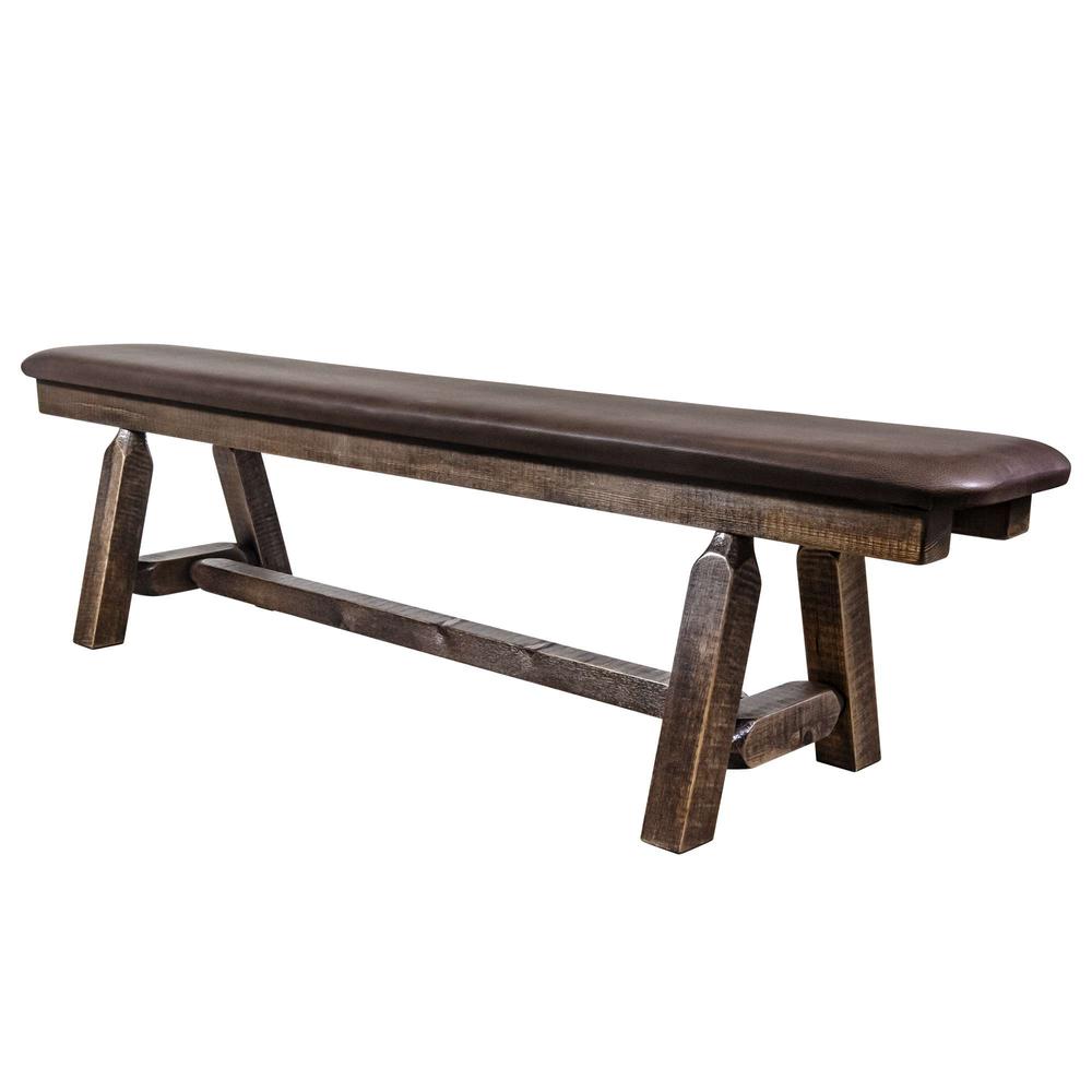 Homestead Collection Plank Style Bench, Stain & Clear Lacquer Finish, 6 Foot w/ Saddle Upholstery. Picture 3