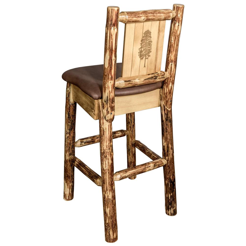 Glacier Country Collection Barstool w/ Back - Saddle Upholstery, w/ Laser Engraved Pine Tree Design. Picture 1