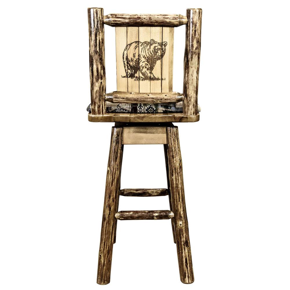 Glacier Country Collection Barstool w/ Back & Swivel, Woodland Pattern Upholstery w/ Laser Engraved Bear Design. Picture 2