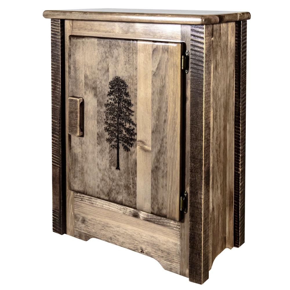 Homestead Collection Accent Cabinet w/ Laser Engraved Pine Design, Right Hinged, Stain & Clear Lacquer Finish. Picture 1