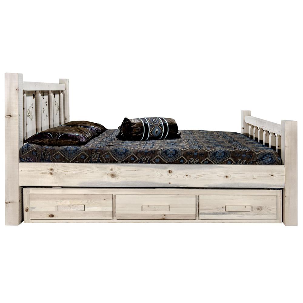 Homestead Collection Queen Storage Bed w/ Laser Engraved Wolf Design, Ready to Finish. Picture 4
