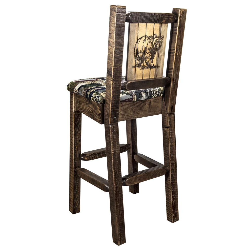 Homestead Collection Barstool w/ Back - Woodland Upholstery, w/ Laser Engraved Bear Design, Stain & Lacquer Finish. Picture 1
