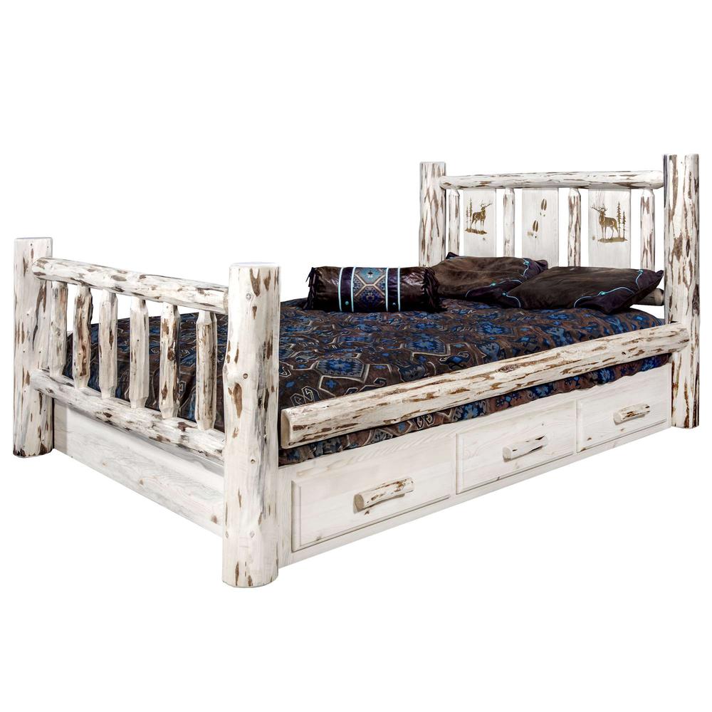 Montana Collection Full Storage Bed w/ Laser Engraved Elk Design, Clear Lacquer Finish. Picture 3