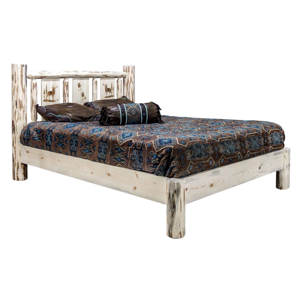 Montana Collection Twin Platform Bed w/ Laser Engraved Elk Design, Clear Lacquer Finish. Picture 1