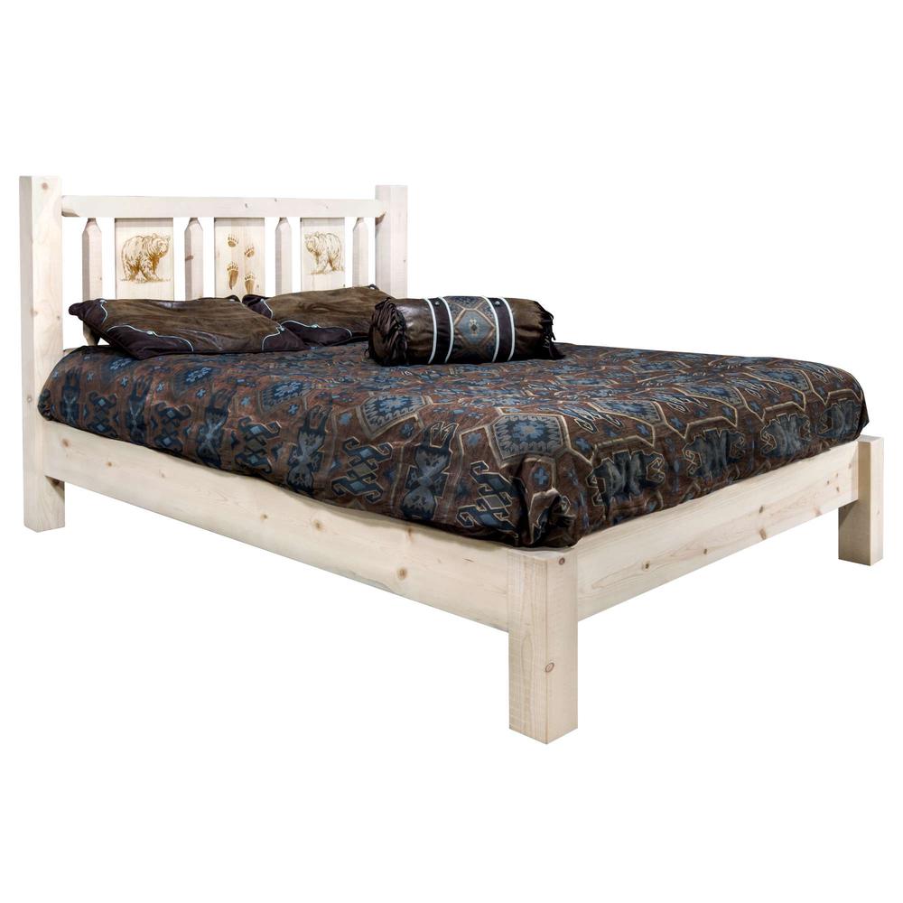 Homestead Collection California King Platform Bed w/ Laser Engraved Bear Design, Clear Lacquer Finish. Picture 1
