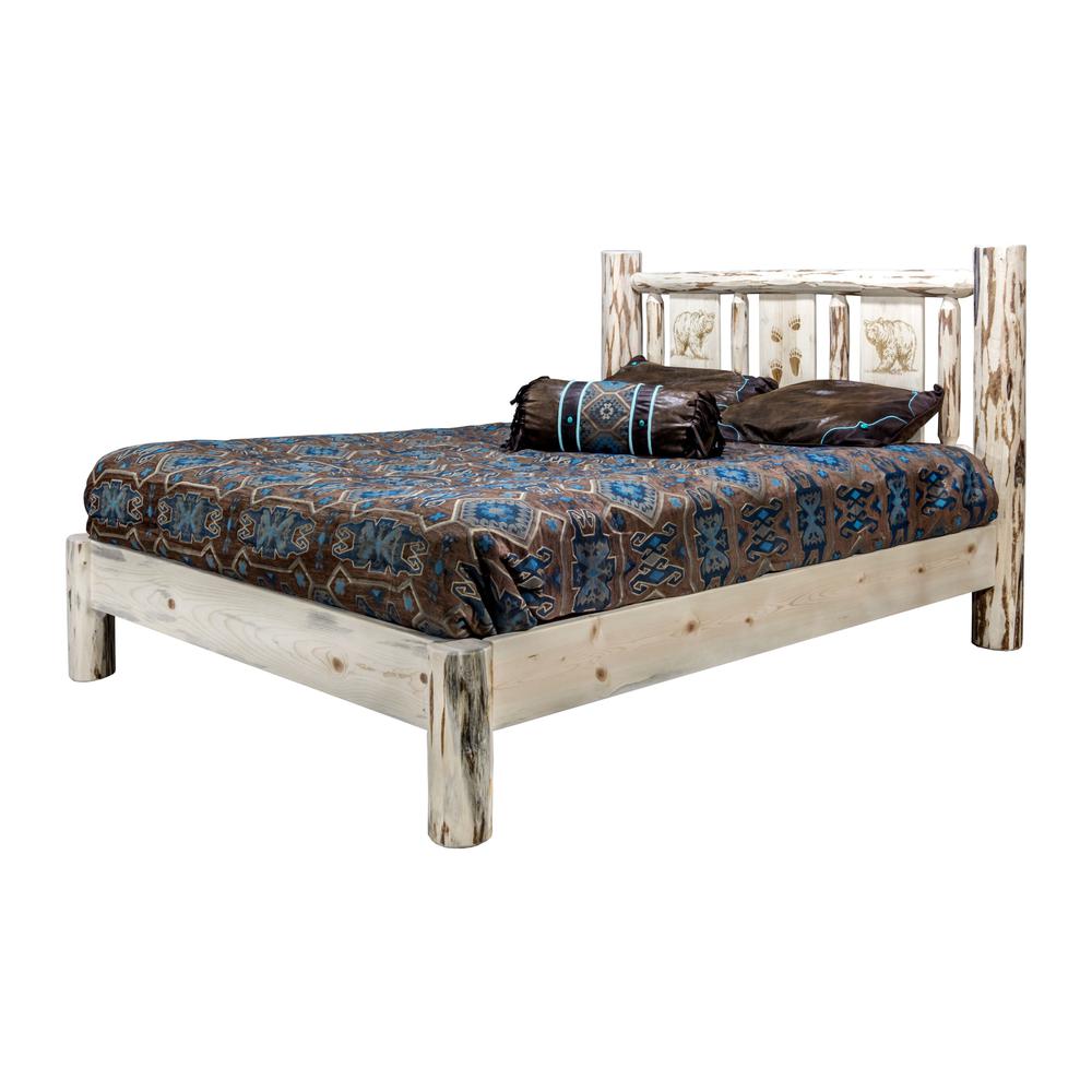 Montana Collection California King Platform Bed w/ Laser Engraved Bear Design, Clear Lacquer Finish. Picture 3