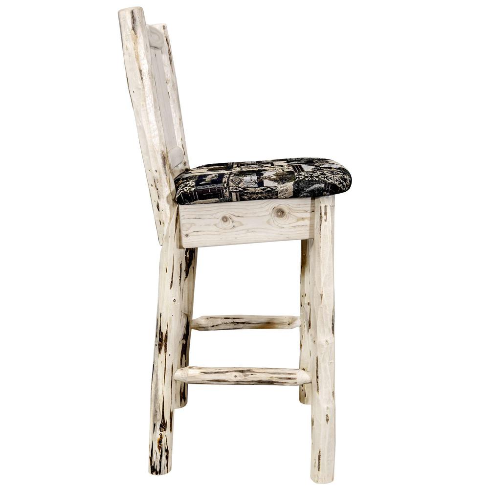 Montana Collection Barstool w/ Back - Woodland Upholstery, w/ Laser Engraved Bronc Design, Clear Lacquer Finish. Picture 5