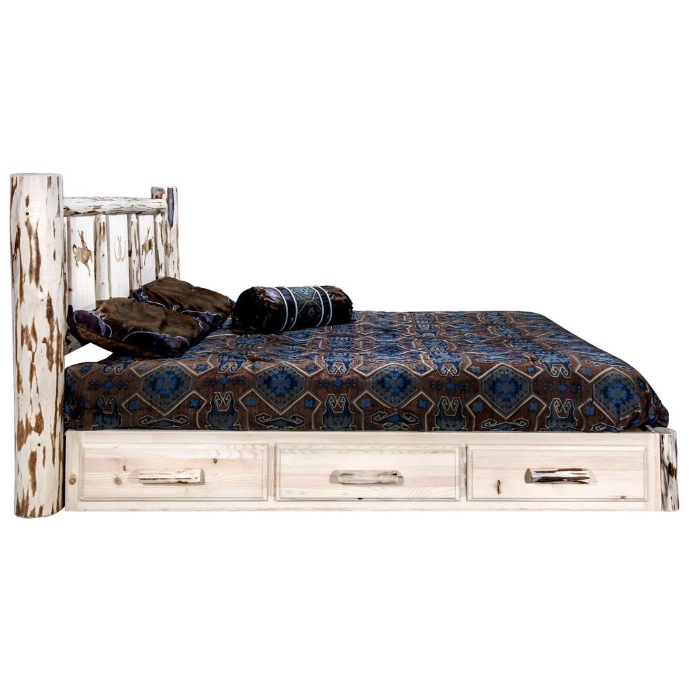 Montana Collection Platform Bed w/ Storage, King w/ Laser Engraved Bronc Design, Clear Lacquer Finish. Picture 4