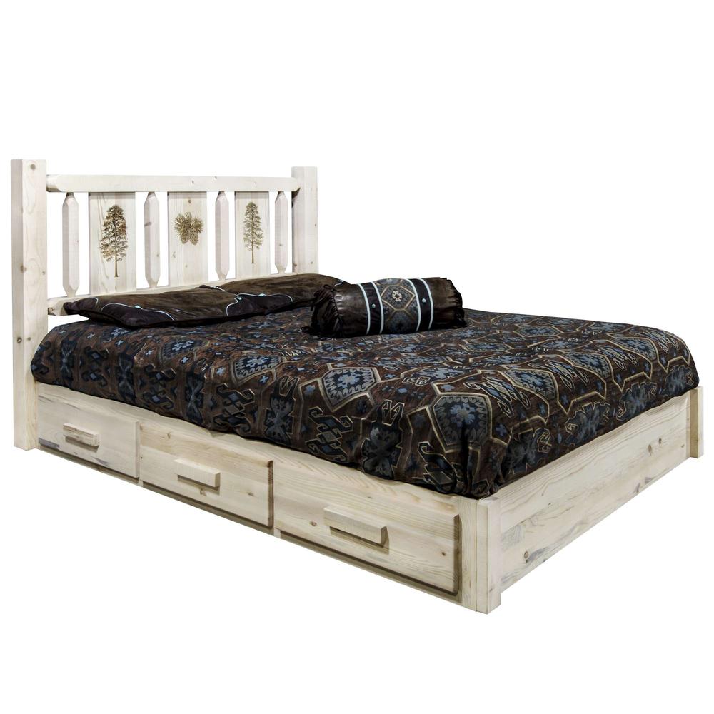 Homestead Collection Platform Bed w/ Storage, California King w/ Laser Engraved Pine Design, Clear Lacquer Finish. Picture 1