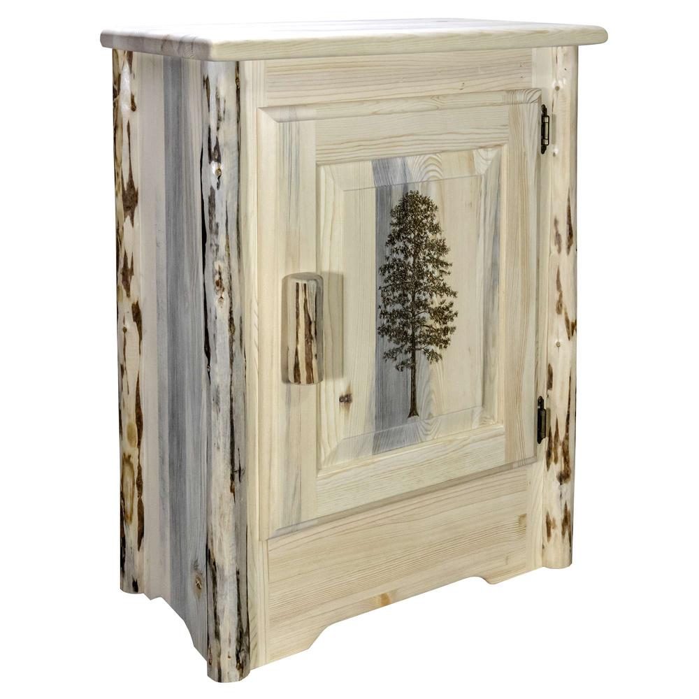 Montana Collection Accent Cabinet w/ Laser Engraved Pine Design, Right Hinged, Clear Lacquer Finish. Picture 3
