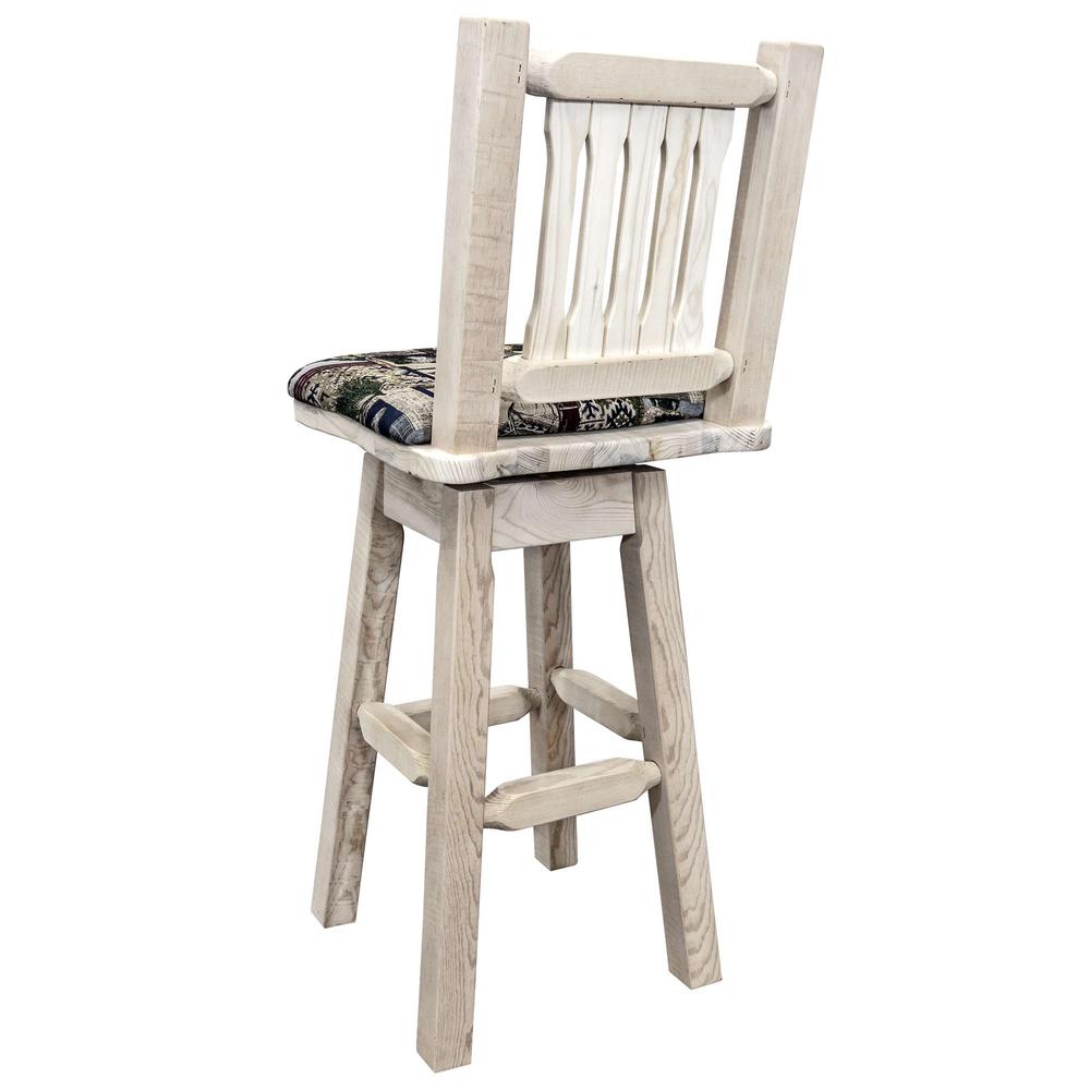 Homestead Collection Barstool w/ Back & Swivel, Clear Lacquer Finish w/ Upholstered Seat, Woodland Pattern. Picture 4