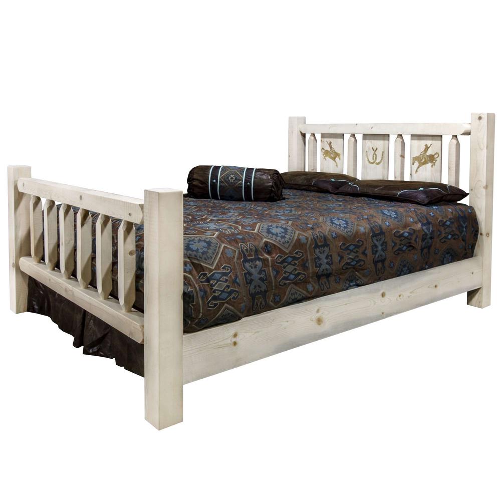 Homestead Collection California King Bed w/ Laser Engraved Bronc Design, Clear Lacquer Finish. Picture 3