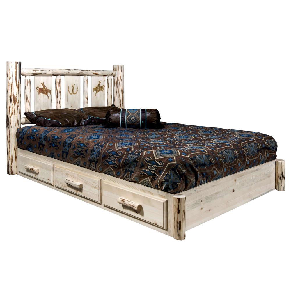 Montana Collection Platform Bed w/ Storage, California King w/ Laser Engraved Bronc Design, Clear Lacquer Finish. Picture 1