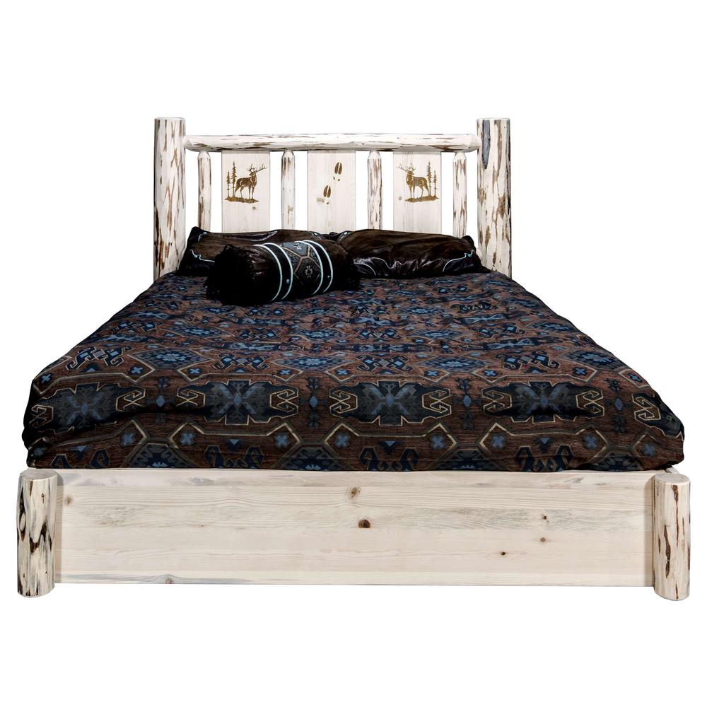 Montana Collection Platform Bed w/ Storage, King w/ Laser Engraved Elk Design, Clear Lacquer Finish. Picture 2