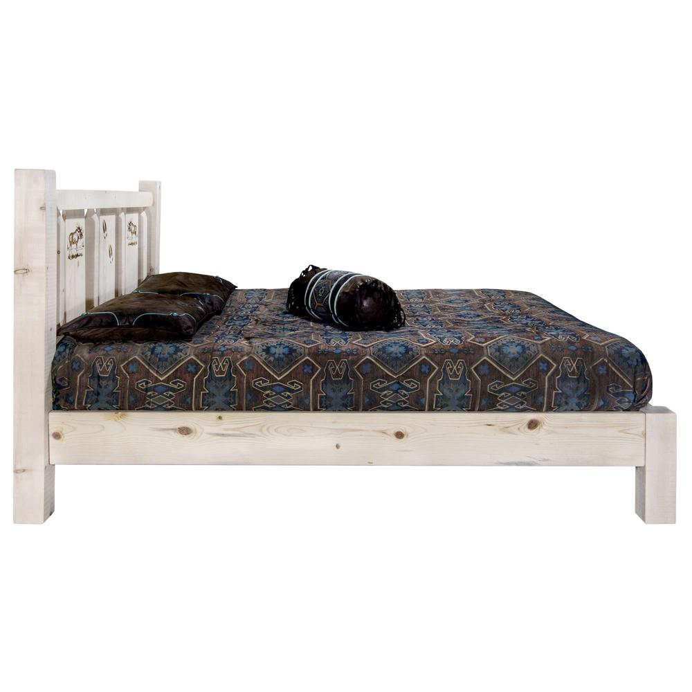 Homestead Collection King Platform Bed w/ Laser Engraved Moose Design, Clear Lacquer Finish. Picture 4