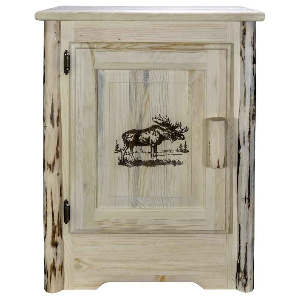 Montana Collection Accent Cabinet w/ Laser Engraved Moose Design, Left Hinged, Clear Lacquer Finish. Picture 2