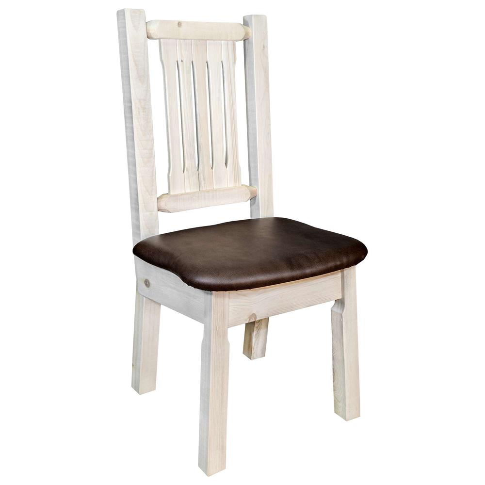 Homestead Collection Side Chair, Clear Lacquer Finish w/ Upholstered Seat, Saddle Pattern. Picture 1