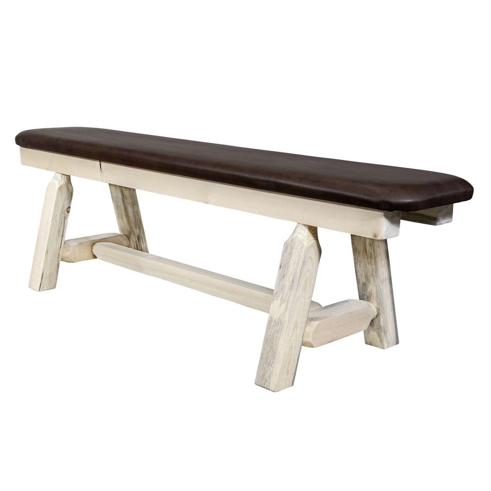Homestead Collection Plank Style Bench, Clear Lacquer Finish, 5 Foot w/ Saddle Upholstery. Picture 3