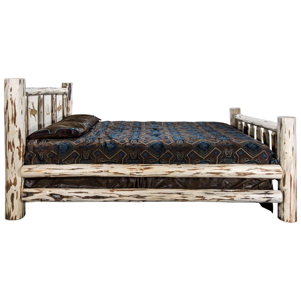 Montana Collection California King Bed w/ Laser Engraved Bronc Design, Clear Lacquer Finish. Picture 4
