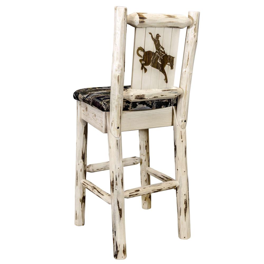Montana Collection Barstool w/ Back - Woodland Upholstery, w/ Laser Engraved Bronc Design, Clear Lacquer Finish. Picture 1