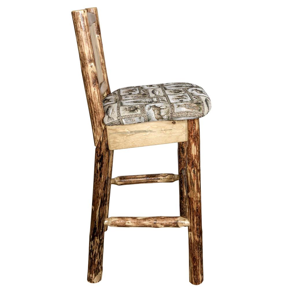 Glacier Country Collection Counter Height Barstool w/ Back - Woodland Upholstery, w/ Laser Engraved Wolf Design. Picture 5