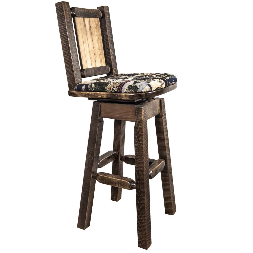 Homestead Collection Counter Height Barstool w/ Back & Swivel, Woodland Upholstery w/ Laser Engraved Bronc Design. Picture 3