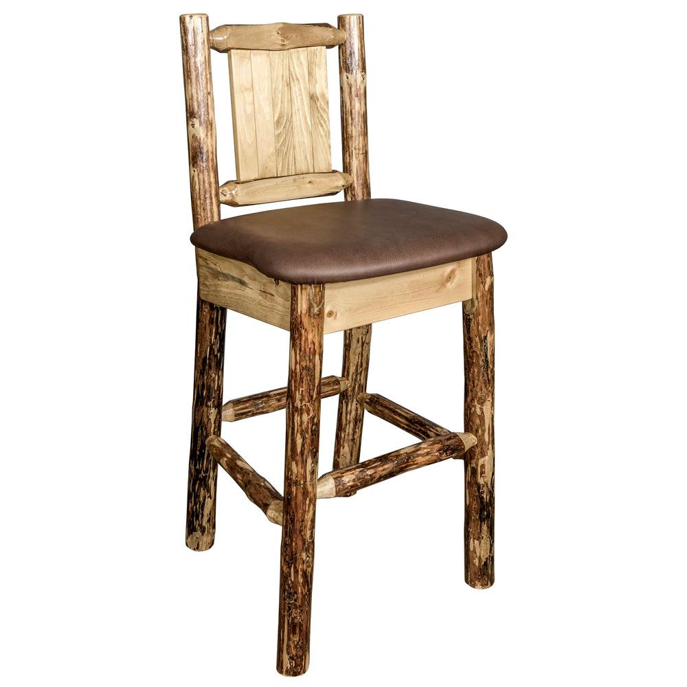 Glacier Country Collection Counter Height Barstool w/ Back - Saddle Upholstery, w/ Laser Engraved Wolf Design. Picture 3