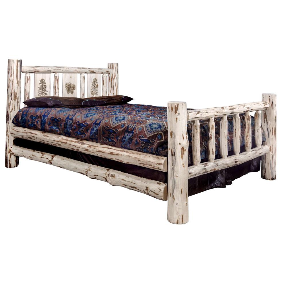 Montana Collection Queen Bed w/ Laser Engraved Pine Tree Design, Clear Lacquer Finish. Picture 1