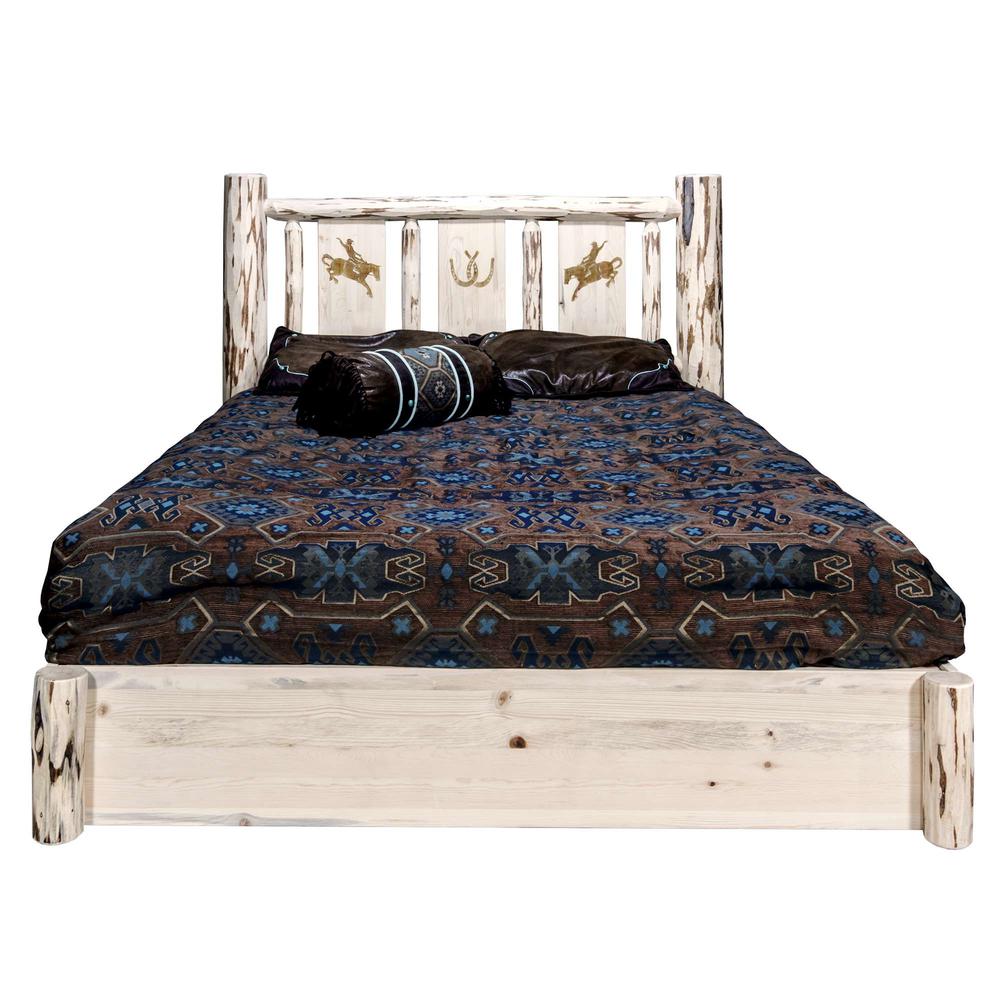 Montana Collection Platform Bed w/ Storage, Full w/ Laser Engraved Bronc Design, Clear Lacquer Finish. Picture 2