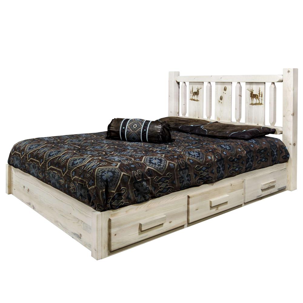 Homestead Collection Platform Bed w/ Storage, California King w/ Laser Engraved Elk Design, Clear Lacquer Finish. Picture 3