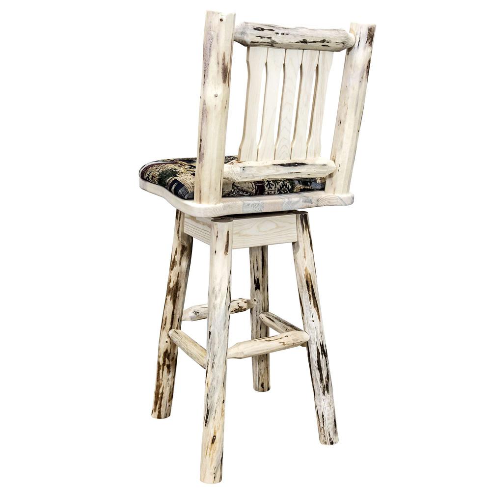 Montana Collection Barstool w/ Back & Swivel, Clear Lacquer Finish w/ Upholstered Seat, Woodland Pattern. Picture 4
